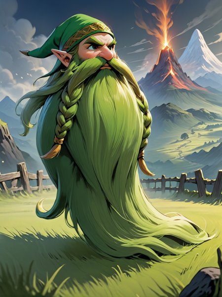 Link's tunic, link's hat, master sword, ultra detailed, masterpiece,  Harry_Dwarf,  dwarf-like, flowing long green beard, twirly moustache, pointy ears,bald, bangles, <lora:Harry_Dwarf_1.5:1>, back lighting, beautiful lighting, open field with grass, wooden fences, smoking volcanic mountain in distant background