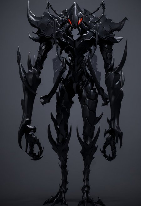 beru from solo leveling, the ant king,black armor, anime style, weapon, wings, solo, armor, teeth, straight-on, grey background, muscular male, holding, tail, helmet, silhouette