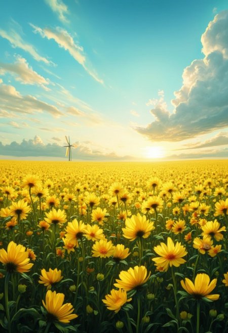 detailed background, from above,( Calm spring morning landscape), beautiful view, Flower Field, canola flower in full bloom, canola flower, early morning, sunrise sky, beautiful clouds, dappled sunlight, 
I can see a windmill in the distance, 
depth of field, masterpiece, best quality, ultra-detailed, very aesthetic, illustration, perfect composition, intricate details, absurdres, moody lighting, wisps of light, no humans,