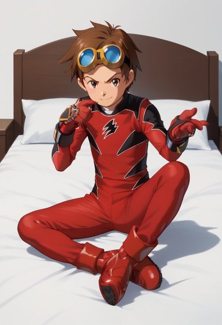 score_9, score_8_up, score_7_up, zPDXL2, 
1boy, solo, goggles on head, brown hair, 
,sitting on bed,
geki red, red bodysuit, black markings,   red gloves, red boots,