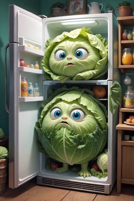 (a refrigerator door open)(fluffy, magical creatures ) Fantasy artwork with the refrigerator door open, its contents in disarray. Inside, two fluffy, magical creatures are present. One, wrapped in a cabbage leaf, looks at the viewer while shivering; the other stands next to a milk jug, making faces at its reflection in the glass. The scene captures the whimsical and fantastical nature of this miniature world, with detailed and realistic depictions of the food items, <lora:xl_more_art-full_v1:0.8> <lora:SDXLFaeTastic2400:0,6>