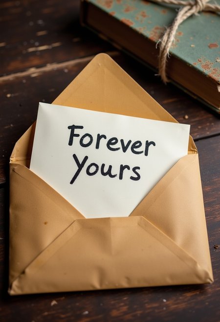 An old letter envelope is opened and a letter with the words “Forever Yours” written inside, the letter says in writing, aidmaTextImprover,