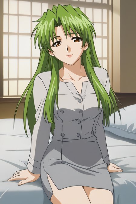 score_9, score_8_up, score_7_up, source_anime, rating_safe, intricate details, anime screencap, official style, 1girl, solo, sasamotoshizue, green hair, long hair, brown eyes, lips, medium breasts, light shirt, collarbone, buttons, long sleeves, grey skirt, pencil skirt, thighs, looking at viewer, smile, indoor, cowboy shot, closed mouth, sitting on bed, <lora:Sasamoto_Shizue:1>