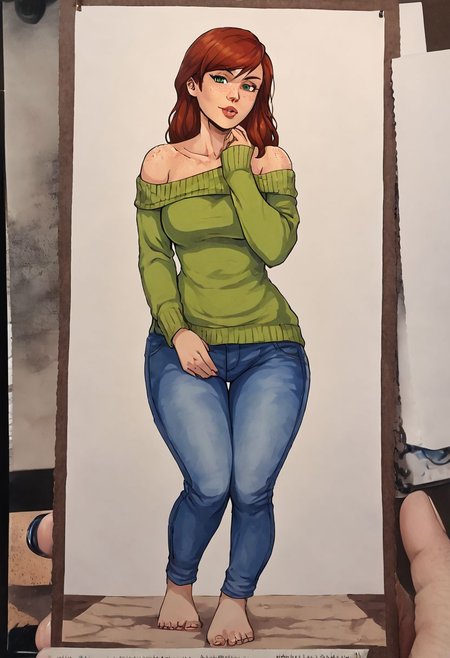 score_9, score_8_up, score_7_up, score_6_up, score_5_up, score_4_up, eye contact, looking at viewer, source_anime, seductive, traditional art, lineart, rating_safe, zPDXL, clear green eyes,(4k quality, masterpiece):1.4),( best quality:1.1), Mary Jane Watson (Marvel), sweater, jeans, bare shoulder, luscious lips, big hips, freckles, , shot ,anibody, FULL BODY,  IN FRONT