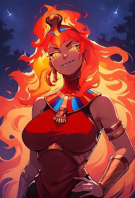 score_9, score_8_up, score_8, (curvy),  zzEgyptian, usekh collar, gold trim, jewelry, gold, eye of horus, pharaoh's headdress, armlet,detailed eyes,
Fiery_Hair, 1girl, hand on hip, contrapposto, long hair, large breasts, very long hair, red fire, upper body, smug, smile, fang, breastplate, pauldrons,  head tilt, night sky,