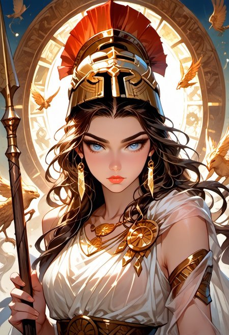 Stable_Yogis_PDXL_Positives, (score_9, score_8_up, score_7_up), ((zPDXL3)), ((zPDXLxxx)), ((Greek mythology style)), ((face focus, eye focus, dynamic angle, motion)), (1girl, solo), fantasy, (greek_athena, helmet ontop of head, brown hair, long hair, toga, armor, sandals), ((((sheer material, silk, semi-transparent clothes)))), (ancient greek clothes), (armor), (holding spear), lace, cape, breathless intimacy, tanned skin, petite model bombshell, heart, young, delicate features, narrow pointy nose, tiny nose, lust, big eyes, seductive eyes, blue eyes, detailed skin, flared lashes, mascara, makeup, perky huge breasts, athletic body, narrow waist, skinny hips, 
warm light, detailed, neon dark party
 BREAK
milky way, runes, arcane, astral, surreal, ethereal glow, masterpiece, best quality, intricate design. colorful, moonlit nightsky, stained glass aesthetic, moody whimsical color palette, murano glass, bold soldering lines, volumetric light shining through, crepuscular rays, intricate craftsmanship, detailed texture, luminous transparency, reflective light play, vivid hues, atmospheric depth, enchanting silhouette, art nouveau,