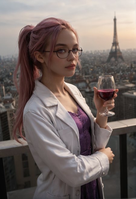 <lora:intp_v1:0.8>
intp_v1 , solo
ponytail, pink hair, long hair, purple hair, 
pale skin, 
purple eyes, 
breasts, small breasts, 
glasses,  semi-rimless eyewear,
labcoat, white coat, coat, open coat,long sleeves,
purple dress,
jewelry,, score_9, score_8_up, score_7_up, score_6_up, derpibooru_p_95, 
detailed eyes, beautiful, detailed background, perfect eyes, 
solo, 
A stormy sky over a cityscape with tall buildings,, alluring pose, standing, rooftop, leaning against railing,
blur censor, blurry, blurry background, blurry foreground, bokeh, motion blur,
chromatic aberration, depth of field, figure, focused,  focus
absurdres, amazing quality
photography, realistic sun light and shadows, photorealism, UHD --ar 9:16 --style raw --stylize 700,
rating_safe, cinematic, cinematic photo, close-up, portrait, orange rim lighting, atmospheric, bokeh, dynamic angle, vibrant lighting, dramatic shadows, highly detailed, realistic, high contrast, extremely detailed, photorealistic, professional, detailed skin, depth of field, film grain,, on the roof of a high building, with city paris and eiffel tower as background,, holding wine glass