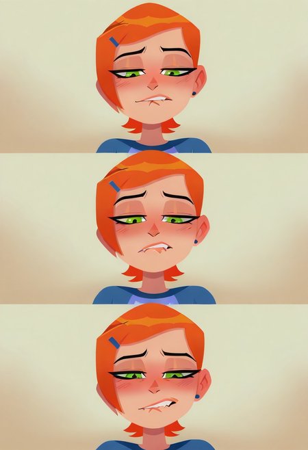 masterpiece, best quality, amazing quality,
 <lora:Lineless_Impact_Style:1> imp4ct_style, lineless,
 <lora:GwenTennyson_Ben10_illustrious_Leaf1:1> gwen_tennyson, green eyes, orange hair, short hair,
1girl, portrait, blush, half closed eyes, relief, bliss, biting lip, comic