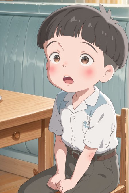 masterpiece,best quality,amazing quality,very aesthetic,absurdres,newest, huge filesize,
<lora:spo_sdxl_10ep_4k-data_lora_webui:0.5>,
<lora:add-detail-xl:1>
<lora:Totto_chan_V1:1>,madogiwa,
1boy, solo, male focus, 
male child, chair, shirt, 
blush, belt, open mouth, brown eyes, black hair, 
white shirt, child, 
table, short sleeves, 
sitting, m_yasuaki,