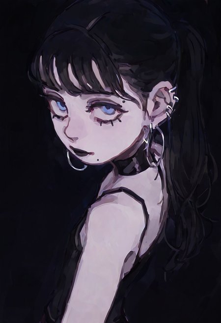masterpiece, absurdres, newest, very awa,   
1girl, long hair, black hair, hair bangs, ponytail, blue eyes, black lipstick, eyeliner, black mascara, hoop earrings, pale skin, goth, flat chest. 
feason style,