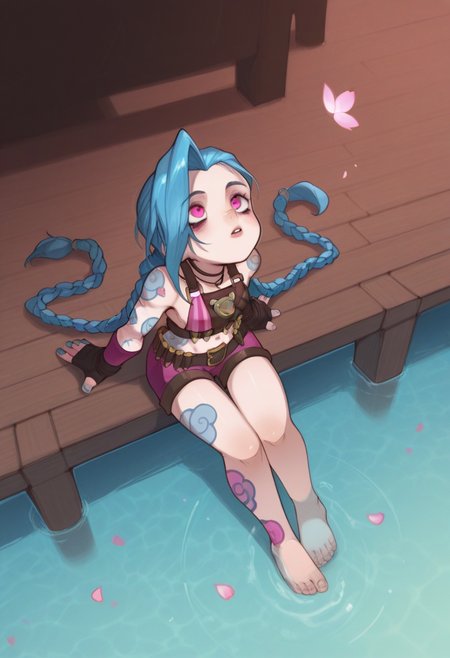 04N1M3R3style, masterpiece, best quality, solo,                                                                                    jinx from league of legends, looking up, sitting on the edge of a steampunk pier, feet in water, blossom petals falling, 
