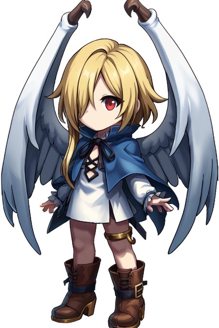score_9, score_8_up, score_7_up, source anime, <lora:backgroundsetXL:0.3> , background, BREAK, solo, looking at viewer, <lora:No._367__Sannrokunanagou:0.7> , thrdef, 1girl, red eyes, blonde hair, long hair, medium hair with long locks, (hair over one eye), wings, feathered wings, white wings, dress, white dress, short dress, blue cloak, popped collar, neck ribbon, black ribbon, (center opening), long sleeves, thighlet, boots <lora:BJD:0.8> , 1girl, BJD, doll, joints,  <lora:moshimoshibe:0.7> , moshimoshibe,