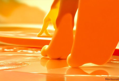 score_9, score_8_up, Score_7_up, score_6_up, score_5_up, Chimchar, Pokemon (creature), monkey, peach colored feet, 3 toes, foot focus, water, surfing, feet on surfboard, wet on feet, close-up