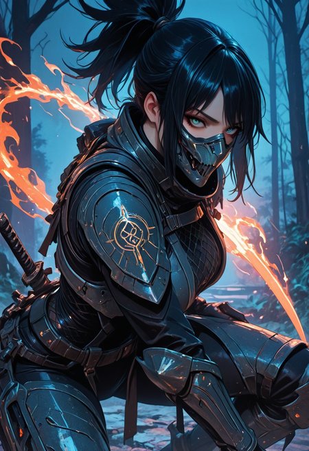 (masterpiece), (best quality), (8k), 1girl, cinematic lighting, dynamic action pose, highres, very detailed, amazing quality, masterpiece, fujimoto_tatsuki, fujimoto_tatsuki_(style), 
very aesthetic, intense,
particle effect,
1girl, shadowheart, samurai, solo, layered samurai armor, engraved, bodysuit, tight clothing, fishnets, sleeveless, futuristic armor, runic symbols etched in armor, armored legs, full mask, halfmask, flaming katana, 
assassin theme, japan theme,
looking at viewer, tough pose,
mountains, 
at night, night, close up, closeup,