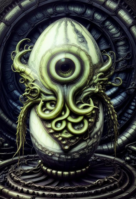 tentacle monster in ornate egg, mechanical gears, dirty tendrils, slimy presence, shimmering moist, metallic sheen, ancient clockwork, relentless, epic, legendary, engine heart, veiny machinery, yonic imagery, phallic tentacles, giger