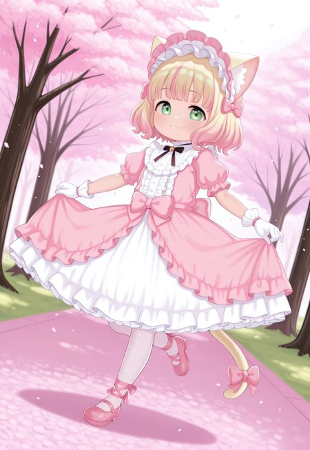 atg_(wttoo0202) , 1girl, catgirl, green eyes, blonde cat ears, blonde cat tail, blonde hair, two-tone hair, gradient hair, multicolored hair, pink tips, pink highlights, pink streaks, masterpiece, best quality, absurdres, 
(pastel theme, lolitafashion:1.2), pastel lolitafashion, sweet lolitadress, shiny lolitadress, victorian dress, kawaii, cute, moe, puffy padded dress, petticoat, puffy sleeves, pastel colors, pastel pink, pastel blue, frilled wide skirt, white pantyhose, pastel dress, puffy sleeves, gloves, pastel headdress, many bows, multiple bows, ribbons, frills, frilled fabric, center frills, sparkles, glitter, cute lolitashoes, leg ribbon, tail ornament, tail ribbon, tail bow,
outdoors, nature, park, cherry blossom trees,
(solo:1.2), from side, standing on one leg, full body, dynamic pose, dutch angle, looking at viewer, happy smile, skirt hold,
intricate, highly detailed, majestic, shallow depth of field, movie still, circular polarizer