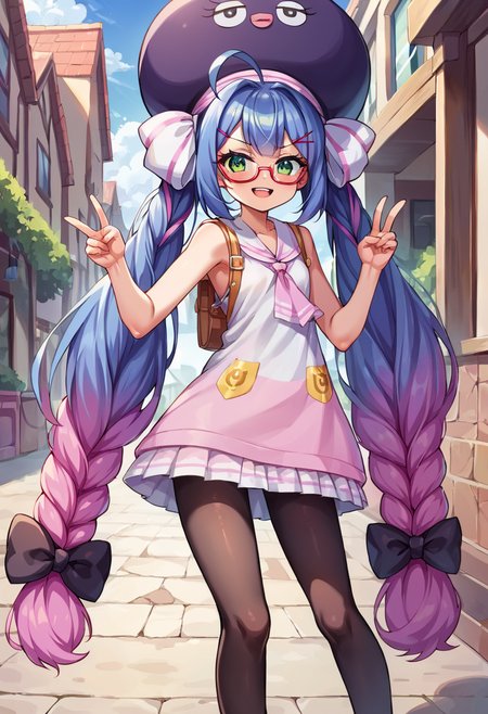 score_9, score_8_up, score_7_up, source_anime, BREAK
<lora:OtomachiUna_MMD_Pony_V1:0.85>Otomachi_Una, green eyes, gradient hair, blue hair, pink hair, very long hair, twin braids, black hair bow, hairclip, large ahoge, x hair ornament, sidelocks,
large hat,  purple hat, hat bow,
red-framed eyewear, under-rim eyewear,
short dress, sleeveless dress, frilled dress, randsare,
pantyhose, white footwear, shoes,
(cowboy shot:1.5), cute, kawaii, ((Petite)), smug, smirk, blush, teeth, peace sign, double peace sign,(ftame out hat)
(red streaked background, simple bacground,,bronze background, simple bacground,,)
