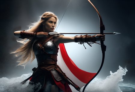 a beautiful polish archer jumping out of the water wrapped in the polish flag. in one hand she holds a royal scimitar sword, on her shoulder a pukler with an emblem, inkpunk style,thematic background, side light, rim lighting, studio lighting, ultra quality, sharp focus, film grain, Fujifilm XT3, highly detailed glossy eyes, high detailed skin, skin pores, winter, snowing,
dark fantasy, romantic,dynamic fighting pose,,natural pose, dark fantasy style, raw, uhd, dslr, em 80mm, dslr, hdr, , cinematic shot, dark fantasy, style,raw photo, glowing neon fog, dslr, raw, 16k UHD,
 <lora:sdxl_lora_archer:0.9>  <lora:PerfectEyesXL:0.8> perfecteyes