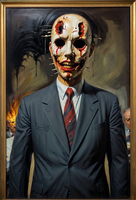 Oil painting on canvas, 1940s masterwork titled My head is slicing into enigmatic sections, and my primary symptom is that I have no face, but I must see. The subject of the painting is a businessman, a psychopathic expression of American disdain, their face expressively  pained intermingled with notes of confusion, and despite the psychopathic business suit dressing, one can't help but feel empathy towards this central character, the mask taking on a reflection of our own internal unrecognized pain.  Internationally recognized oil painting by The Master, sold at auction for 23 million USD.