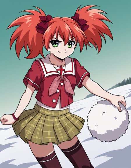 score_9, score_8_up, score_7_up, source_anime, <lora:kokoa-shuzen-s2-ponyxl-lora-nochekaiser:1>, kokoa shuzen, twintails, green eyes, red hair, hair bow, short hair,, skirt, thighhighs, school uniform, black thighhighs, plaid, serafuku, red shirt, short sleeves,, snow day, winter clothes, snowball fight, laughter, cold breath, white landscape, smile, smug, looking at viewer, solo,, dutch angle, cowboy shot