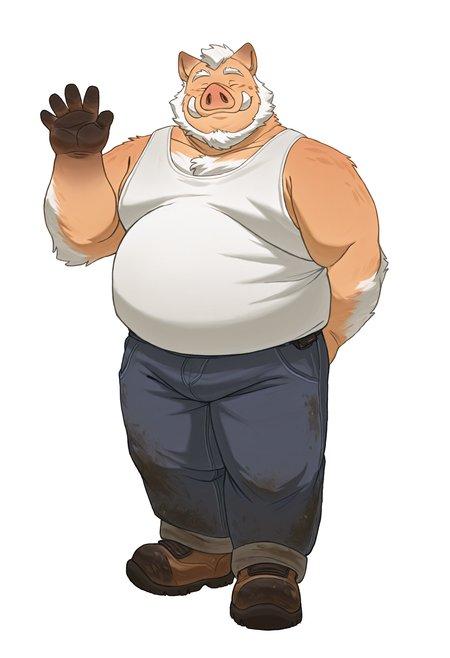 by hoggan, hoggan, 
anthro, furry,boar, chubby, mature male, body fur, white hair, bearded, white beard, (beige fur),
soft smile, closed eyes, waving hand, 
white tank, mechanic, jeans, dirty clothes, full body, white background,
((((single character)))):1
solo, solo, solo, solo,