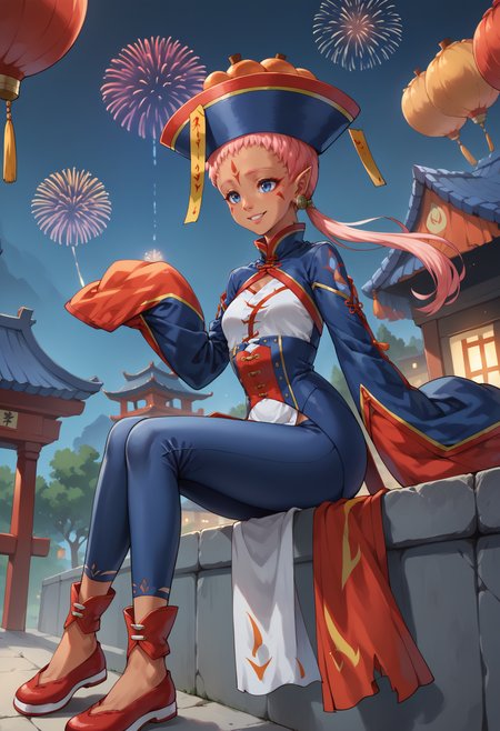 score_9, score_8_up, score_7_up, 1girl, sitting, knees up, smile, from side, looking up, <lora:EnaFE-pdxl:1> halEna, dark-skinned female, pink hair, low ponytail, forehead mark, facial mark, blue eyes, pointy ears, earrings, qingdai guanmao, ofuda, chinese clothes, wide sleeves, sleeves past fingers, pelvic curtain, blue leggings, shoes, red footwear, night, fireworks, tree