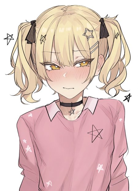<lora:nabibutterILLUS:1> nabibutter,,
(masterpiece), (best quality), (ultra-detailed), amazing quality, very aesthetic, illustration, perfect composition, intricate details, absurdres, incredibly absurdres, shiny skin, realistic,
dynamic pose, perspective, nabibutter, 1boy, blonde hair, star (symbol), male focus, black choker, blush, pink shirt, star hair ornament, white background, yellow eyes, simple background, hairclip, closed mouth, sketch, upper body, twintails, otoko no ko, short hair