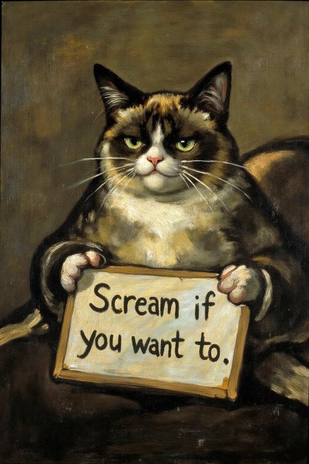 g0ya1 painting of Grumpy Cat holding a sign that says "Scream if you want to".  <lora:g0ya2_cap_d6a3e12:1.0><lora:823863586234541115:0>
