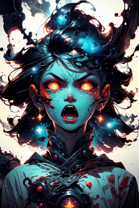 glowing eyes, glow, rage transformation, (red eyes:1.2), (rage:1.2), psycho, (madness:1.2), (angry:1.4), wide-open eyes, (blood:1.2), bloody face, open mouth, shout, (raging:1.2), (tears:1.2), 
masterpiece, abstract, fade out, dream, cosmic, 
<lora:more_details:0.4>
 <lora:Cosmic anime-oil fusion v2:0.45> 
<lora:AnimeVibesV3:0.3> animevibes, 
<lora:3DMM_V11:0.5> 3DMM 
<lora:midjourney_20230624181825:0.45> midjourney ,
 <lora:LAS:0.2> cloud,colorful,
<lora:msw_locon-t2:0.6>
 <lora:wuxia2:0.5> gu,
 <lora:CelestialSkin2:0.6> dark celestialskin body, void cosmic body,, shiny, shiny hair, shiny skin, shiny clothes
