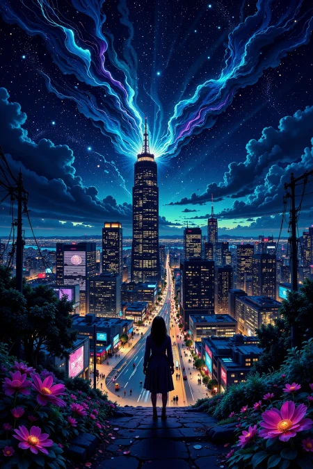 big city beautiful  landscape, bright luminous starry night, woman, very intricate, very detailed, sharp, bright, colorful, <lora:Hand v2:0.5> <lora:Anti-Blur:1><lora:Insane Detail Slider:0.25>  <lora:flux.1_lora_flyway_Epic-detail_v2:0.3> <lora:fluxenhancer:0.25> <lora:ck-Neon-Retrowave:0.4> ck-rw, in the style of ck-rw,  <lora:Neurocore Anime Cyberpunk:0.8> A digital artwork in the style of cknc