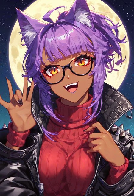 score_9_up, score_8_up_, score_7_up, very detailed, cute catgirl, cute pose, catgirl ears, tanned skin, dark skin, titanium framed glasses, bright neon purple hair, ponytail, medium hair, ahoge hair, unkempt hair, sly smile, open mouth, starry jewelrey, baggy sweater, oversized sweater, dark red turtleneck sweater, wearing black biker coat over sweater, short coat, studded coat, spiked coat, well dressed, night time, cyberpunk city in background, moon, solo focus on female, from waist up, detailed face, best detail, (best quality:1.5), masterpiece, (high resolution:1.5)
ng_deepnegative_v1_75t, OverallDetail, , Expressiveh