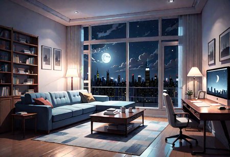 ((front view)), Shallow scene, ((animation style)), modern-style interior, with white walls, (large windows), a  study, Sofa, coffee table, bookcase, single wall, gloomy room, Turn off the indoor lights and turn on only the desk lamp, quiet and mysterious night sky, starry sky, moonlight, city night view, (City high-rise building scenery), (City scenery outside the window)