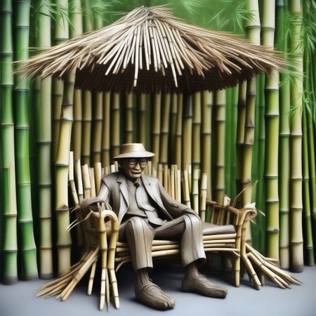 an Oldman made out of Jed-Bmbrts sitting in a chair made out of Jed-Bmbrts reading newspaper made out of Jed-Bmbrts on the park made out of Jed-Bmbrts,  in a world made out of Jed-Bmbrts, <lora:BambooRootsStyle:1>