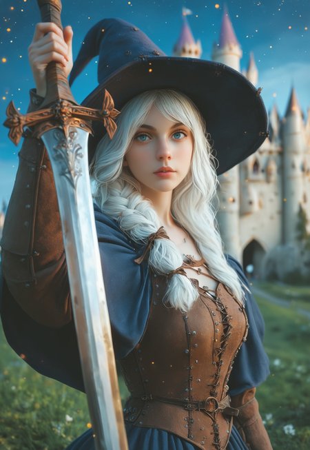 safe_pos, young woman, solo, Looking at viewer, Masterpiece a stunning female witch, ((full clothed witch outfit with armor, witch hat)), Blue eyes, long bob white hair with bangs, Dynamic action pose,
(Holding a huge sword:1.5)
Background: (Medieval castle, night sky: 1.9)
score_9, score_8_up, score_7_up, score_6_up, source_cartoon, rating_explicit, Expressiveh, (((((upper body))))), dynamic pose
 <lora:Dynamic Poses:1>
 <lora:detailed_notrigger:1>
(((full clothed)))
