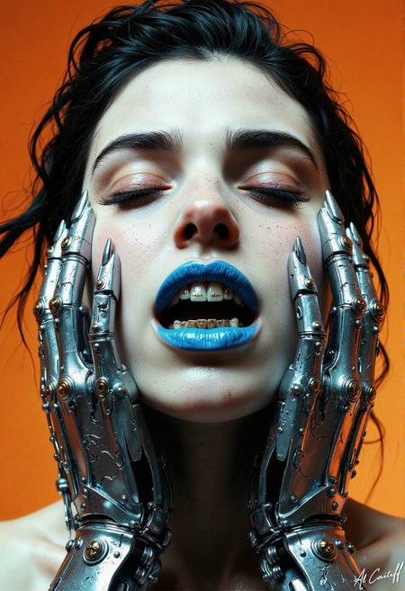 An extreme close-up captures a woman in visceral distress, her deathly pale skin contrasting violently against the gleaming silver robotic exoskeleton encasing her handsâfingers splayed like claws around her face in a silent scream. Electric blue lips peel back to reveal rows of gold-plated dental implants, each razor-sharp edge catching the light as her macabre grin stretches too wide, too unnatural. Her eyes remain tightly shut, as if refusing to witness her own transformation, while strands of asymmetrically styled dark hair cling to her forehead like cracks in porcelain. Above, a single overhead spotlight bathes her in an oppressive orange glow, deepening the hollows of her cheeks and the crevices of her exoskeleton into pools of shadow. The metal framing her jaw seems to pulseâalive, parasiticâas if itâs not just holding her, but rewriting her., fg<lora:Flux/Stylized-Super-Texture.safetensors:0.5000000000000001:0.5000000000000001> <lora:Flux/It's a LoRA for portraits, BUT! actually specialized in backgrounds. v1.0.safetensors:0.25000000000000006:0.25000000000000006> <lora:CustomFlux/MysticRealism.safetensors:0.7500000000000001:0.7500000000000001>