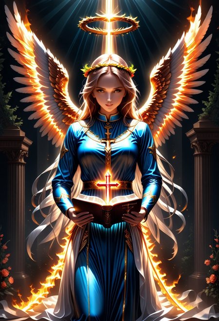 ultra realistic image with high resolution and stable focus correct and accurate anatomy, perfect detail of neon divine angel, sense of divinity, beauty, humility, wings, halo, flaming sword, laurel wreath, bible, gospel