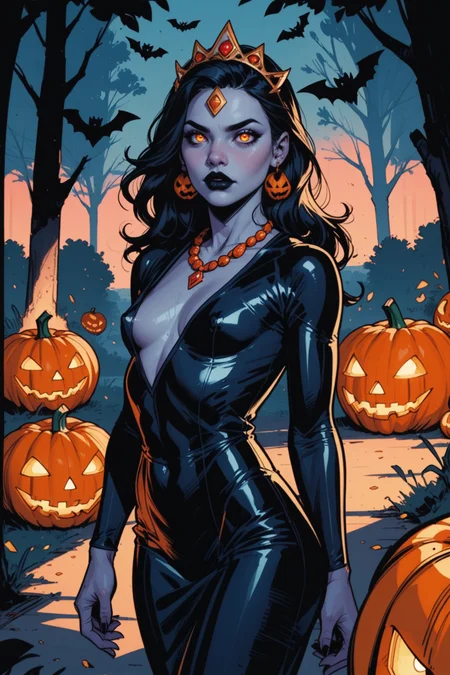 1girl, looking at viewer, jewelry, black hair, solo, earrings, glowing eyes, blurry, breasts, long hair, blurry background, glowing, colored skin, black lips, jack-o'-lantern, pumpkin, yellow eyes, makeup, orange eyes, halloween, outdoors, dress, parted lips, lipstick, necklace, hair ornament, small breasts, bodysuit, tiara, arms at sides, tree, straight-on, cowboy shot, depth of field, black dress, grey skin, artist name, <lora:Expressive_H:0.5>, score_9, score_8_up, score_8_up, a_Comic_Illustration, rough lines with ink, (drawn:1.1), (sketch:1.5), (crosshatching:1.25), (comic style:1.1), graphic novel style, sharp lines, hires, zstyle, (western comics \(style\):1.1), (hatching \(texture\):1.2), zPDXL, Mr_Monster_Possitive
