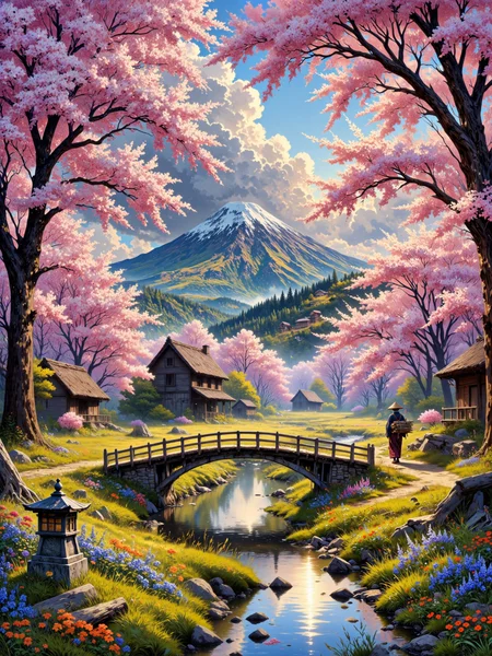masterwork impressionistic oil painting on canvas, dramatic sky, dramatic lighting, a picturesque japanese countryside in the late 19th century, springtime, mount fuji rising majestically in the distance, partially veiled by a soft morning haze, cherry blossom trees in full bloom lining a gently meandering brook, their pink petals drifting to the ground and floating on the waterâs surface, traditional thatched-roof farmhouses nestled harmoniously among the trees, their rustic charm blending seamlessly with nature, distant forested mountains stretch across the horizon, softened by atmospheric mist, dramatic sky, lingering rainclouds breaking apart, shafts of warm sunlight piercing through gaps in the overcast sky, casting a gentle glow across the landscape, a crystal-clear stream winds through the scene, reflecting the soft colors of the sky and blossoms, the banks adorned with vibrant wildflowers in shades of blue, purple, and orange, in the middleground, a quaint wooden bridge, weathered by time, arches over the stream, blending naturally into the serene setting, subtle cultural details enrich the scene: a bamboo water spout trickling into a moss-covered stone basin, the faint suggestion of a stone lantern hidden among the blossoms, a lone traveler in traditional japanese attire, wearing a wide straw hat, walks along a narrow dirt path by the brook, carrying a small bundle of firewood on his back, wide-angle panoramic shot, slightly elevated perspective, capturing the vastness of the countryside and the travelerâs small place within it, soft, diffused morning light, sunbeams filtering through the clouds, casting dappled highlights onto the ground and shimmering on the waterâs surface, light mist over the mountains heightening the dreamlike atmosphere, painted with loose, expressive brushstrokes, impasto texture bringing life to the blossoms and wildflowers, subtle interplay of pastel pinks, soft greens, warm earth tones, and cool blues, an evocative celebration of springâs fleeting beauty, balancing serenity with the gentle tension of nature after rain, <lora:style-vibrantly_sharp-v5-flux-by_bra2ha:0.6> <lora:image_enhancer-flux-by_dever:0.8>