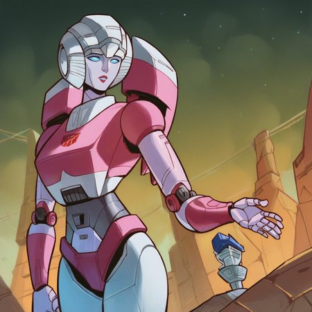 score_9, score_8_up, score_7_up, score_6_up, score_5_up, score_4_up, a girl in a science fiction metal land, 1girl,  <lora:ArceeG1_XL:1> arcee, 1girl, transformers, robot, standing, night