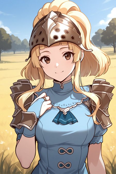 masterpiece, best quality, 1girl, solo  <lora:feclair-illu-nvwls-v1-000005:1> cl4ir, high ponytail, blonde hair, sidelocks, blunt bangs, brown eyes, helmet, light blue dress, short dress, short sleeves, shoulder armor, blue ascot, bridal gauntlets, light blue gloves, , upper body, blue sky, trees, field, looking at viewer, smile