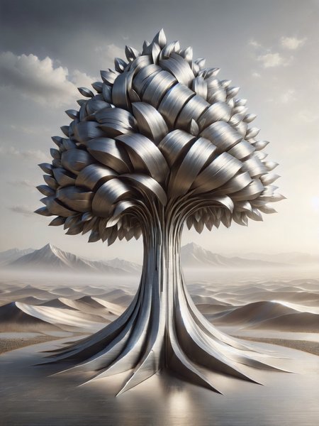 A single, towering ais-steelz tree standing on a barren plain, symbolizing resilience and strength, the sun rising over distant mountains <lora:Brushed_Steel_Style_SDXL:1>