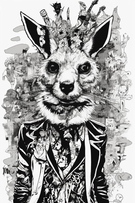 Jim Mahfood Style - Develop a series of edgy animal characters featuring surreal and imaginative clothing inspired by punk rock. Use black and white, ink illustrations, and edgy animal characters to evoke an artistic atmosphere. Keywords: edgy, ink, punk, Doodles, Surreal, Imaginative, fashion Logo Style: Hand-drawn and edgy Media Used: Pen and ink Artist reference: Raymond Pettibon