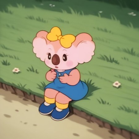 score_9, score_8_up, score_7_up, score_6_up, score_5_up, score_4_up, source_furry, Laurakoala, semi-anthro, female, koala, peach fur, blue dress, yellow bow, yellow socks, blue shoes, sitting, outside, in the grass
