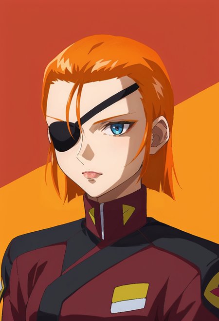 score_9,score_8_up,score_7_up,score_6_up,score_5_up,score_4_up,anime coloring,source_anime,<lora:Hilda_Harken_SEED_Destiny_Pony:0.8>,hilda,1girl,solo,blue eyes,orange hair,short hair,hair slicked back,eyepatch,red jacket,multicolored background,portrait,upper body,looking at viewer,
