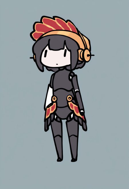 masterpiece, best quality, newest, chibi, full body, solo, 1girl, m3tis, android, robot joints, expressionless, standing, short hair, black hair, helmet, | |, white gloves, single elbow glove, showgirl skirt, simple background