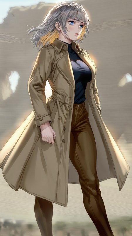 masterpiece, best quality,
,source_anime,
masterpiece,ultra-detailed,best quality,8K,illustration,simple background,
1girl, blonde hair,blue eyes,Spanish gray hair,realistic,large breasts,Harvest gold hair,trench coat,pants,<lora:foomXLlokr8f-000184:1>
