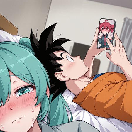 dawgo, 1boy, 2girls, son goku, hatsune miku, kasane teto, blush, nose blush, tears, crying, crying with eyes open, tearing up, holding phone, selfie, closed mouth, phone, indoors, bed, on back,