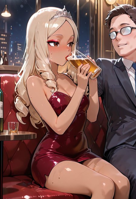 masterpiece,best quality,amazing quality,very aesthetic,absurdres,newest, huge filesize,
<lora:spo_sdxl_10ep_4k-data_lora_webui:0.5>,
<lora:add-detail-xl:1>anime screenshot, anime coloring, flat color, 2d,
<lora:Cabaret_Club:0.8>Cabaret_ClubV1,
1girl, little red dress,
1boy, suit male,
red sofa,  Wine bottle, Glass cup,
night club, spot light, pub, circle desk,
Japan Hostess, 
sitting on red sofa, frcdtdrnk, forced to drink, holding cup, drinking glass, beer, drinking, alcohol, drunk, couple
 BREAK
xdiasprox, blonde hair, (((light brown skin))), long hair, drill hair, tiara, brown eyes, makeup, lipstick,