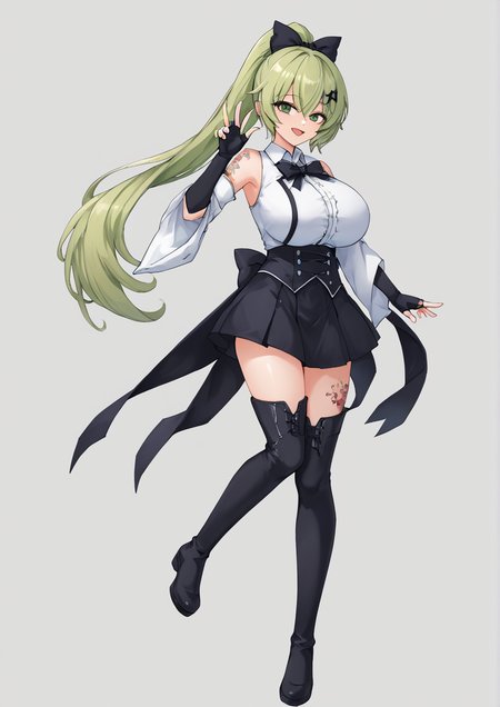 1girl, anemos (elsword), rena erindel, huge breast, :d, black bow, black footwear, black gloves, black skirt, boots, bow, detached sleeves, fingerless gloves, full body, gloves, green eyes, green hair, hair bow, high ponytail, knee boots, light green hair, long hair, looking at viewer, open mouth, ponytail, skirt, smile, solo, tattoo, transparent background, very long hair, zPDXL3 <lora:NF:0.8>