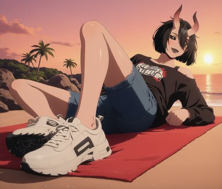 LDSCH Style, aesthetic, from below, foot focus, (masterpiece, newest, 2024, absurdres, very awa, intricate details:1.4) looking at viewer, cute, detailed hair, absurdres, masterpiece, very aesthetic, red theme, sunset, golden hour, clouds, tropical tree, vegetation, rocks beach, sand, ocean, ocean waves, water,  lens flare, , beach, laying on back on a red towel, wet, lying down, towel, smile, 1girl, solo, black hair, short hair, bob cut, bangs, hair between eyes, hair over one eye, asymmetrical horns, oni horns, skin-covered horns, black eyes, black sclera, sclera, closed mouth, mole, mole under mouth, black lips, lipstick, makeup, white loose shirt, blue denim shorts, white sneakers, <lora:Fortnite_-__The_Night_Rose_ILXL_-_All_Outfits:0.9> <lora:LDSCH:0.8>